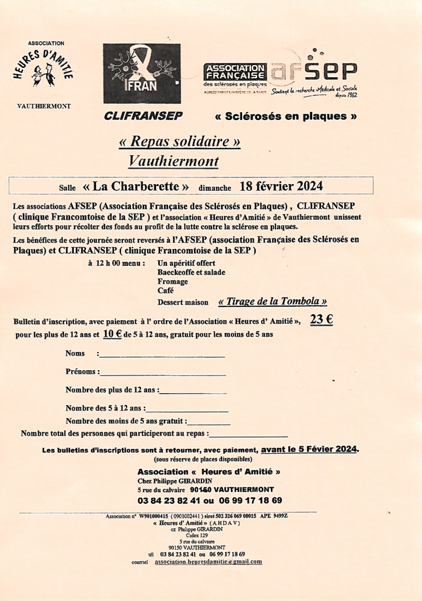 Repas de l&#039; Association Heures d&#039;Amitié de Vauthiermont en soutien à Clifransep